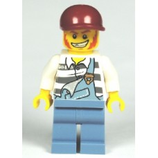 cty265 Police - Jail Prisoner Torn Overalls over Prison Stripes, Sand Blue Legs, Dark Red Short Bill Cap 
